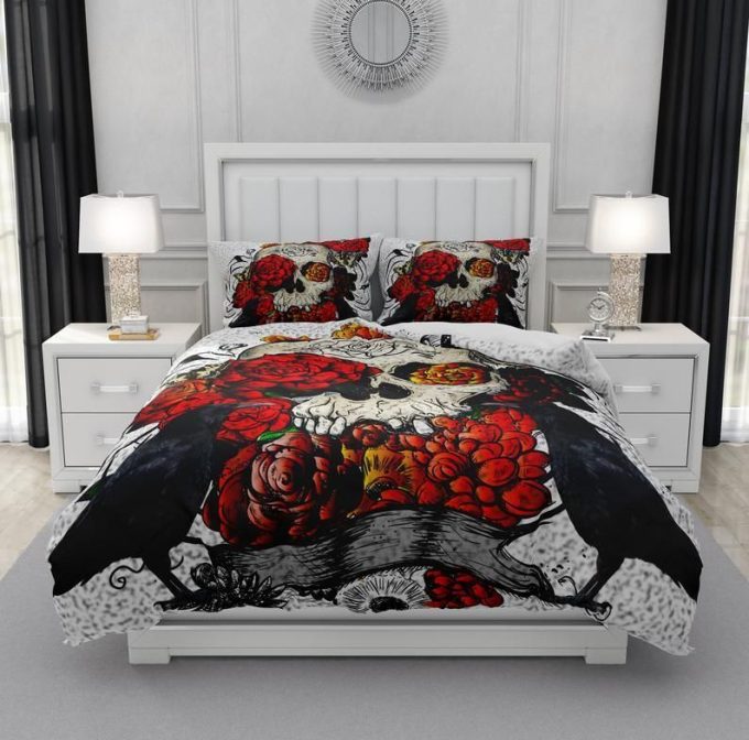 Skull And Flowers Cotton Bed Sheets Spread Comforter Duvet Cover Bedding Sets 1