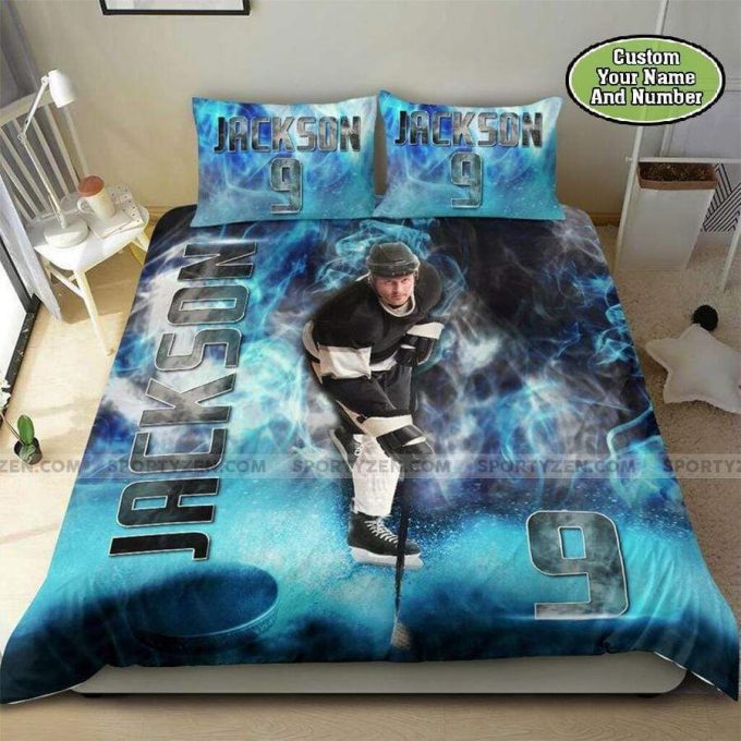 Smoke Hockey Player Personalized Custom Name And Your Number Duvet Cover Bedding Set 1