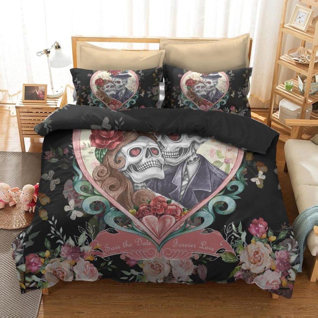 Skull Couple In Heart Black Bedding Set Duvet Cover Pillow Cases 4