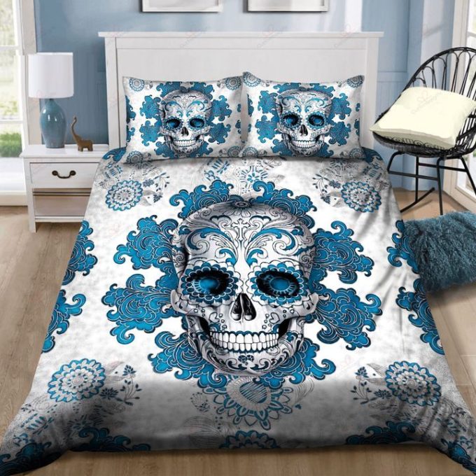 Sugar Skull Blue Ornament Cotton Bed Sheets Spread Comforter Duvet Cover Bedding Sets 1