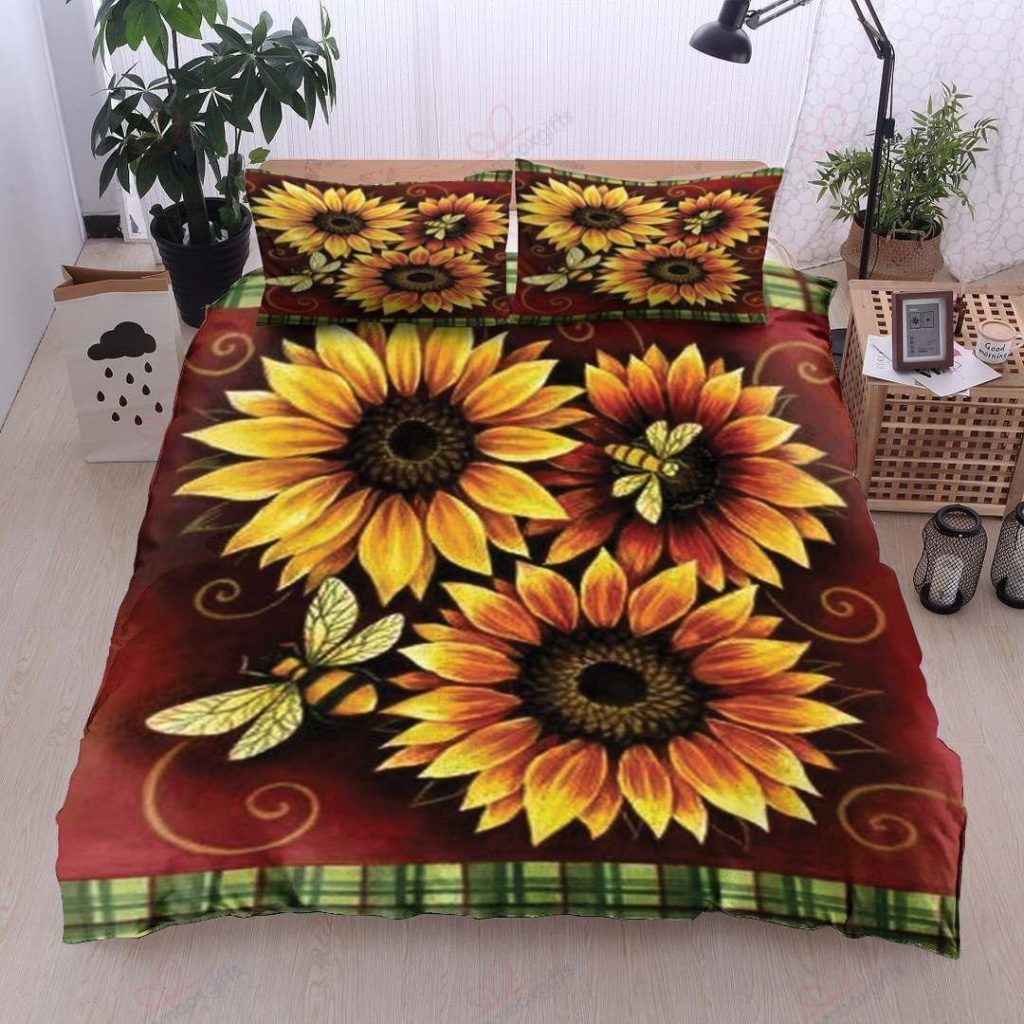 Sunflower And Bee Cotton Bed Sheets Spread Comforter Duvet Cover Bedding Sets Perfect Gifts For Sunflower Lover Thanksgiving 4