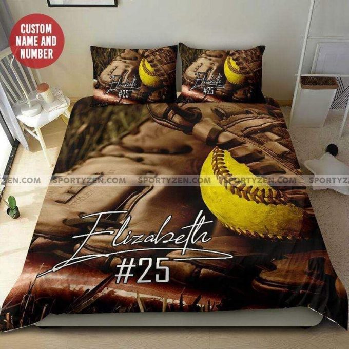 Softball Ball In Glove Personalized Custom Name And Number Duvet Cover Bedding Set 1