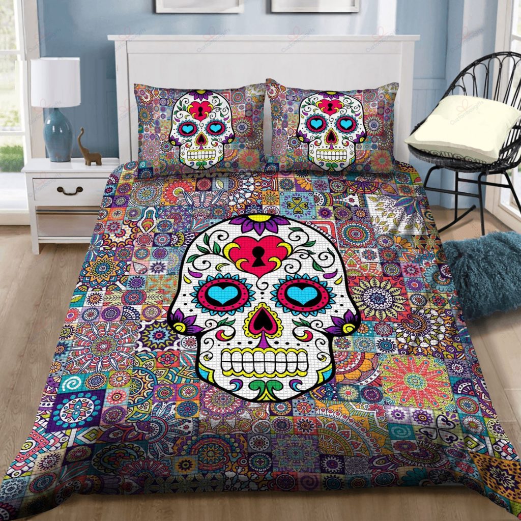 Sugar Skull Flowers Pattern Cotton Bed Sheets Spread Comforter Duvet Cover Bedding Sets 4