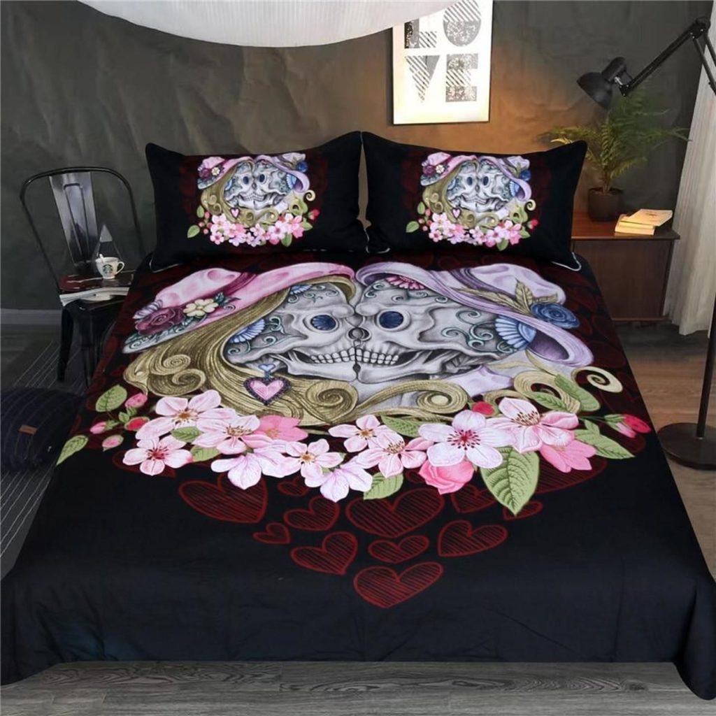 Skull Couple With Flowers Around Bedding Set Duvet Cover Pillow Cases 4