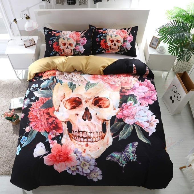 Skull Flower Skull Love Bedding Set Duvet Cover Pillow Cases 1