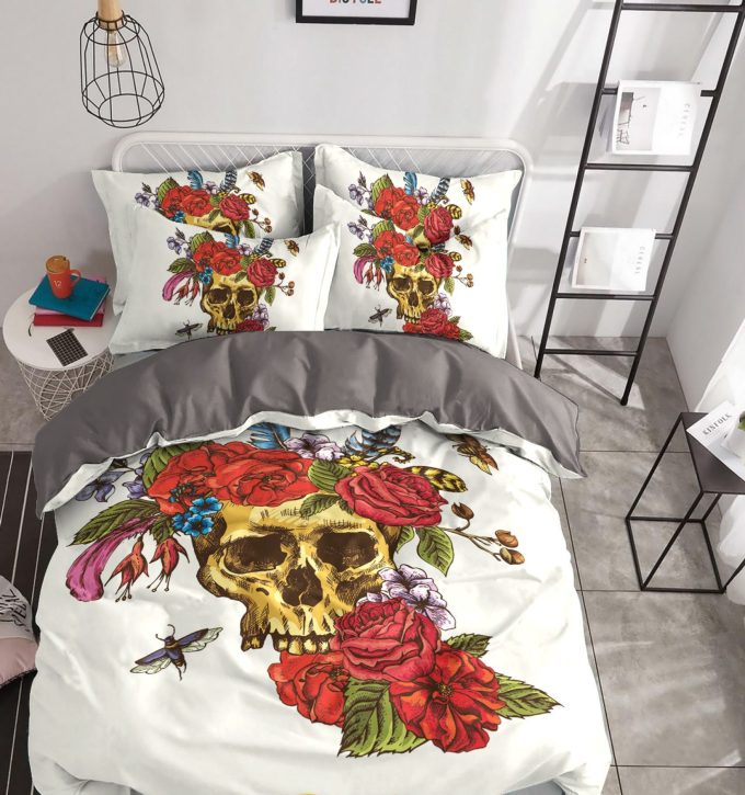 Skull And Roses Cotton Bed Sheets Spread Comforter Duvet Cover Bedding Sets 1