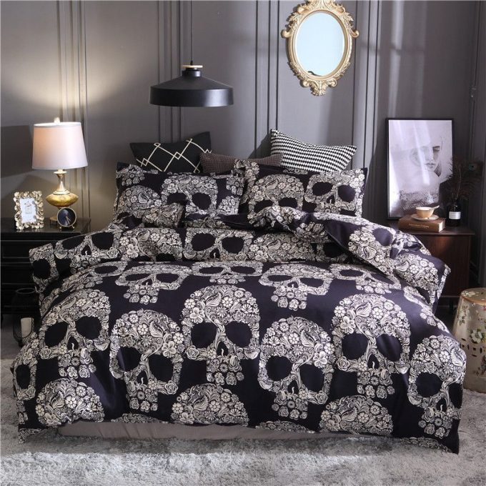 Sugar Skull Flower Pattern Cotton Bed Sheets Spread Comforter Duvet Cover Bedding Sets Perfect Gifts For Skull Lover Thanksgiving 1