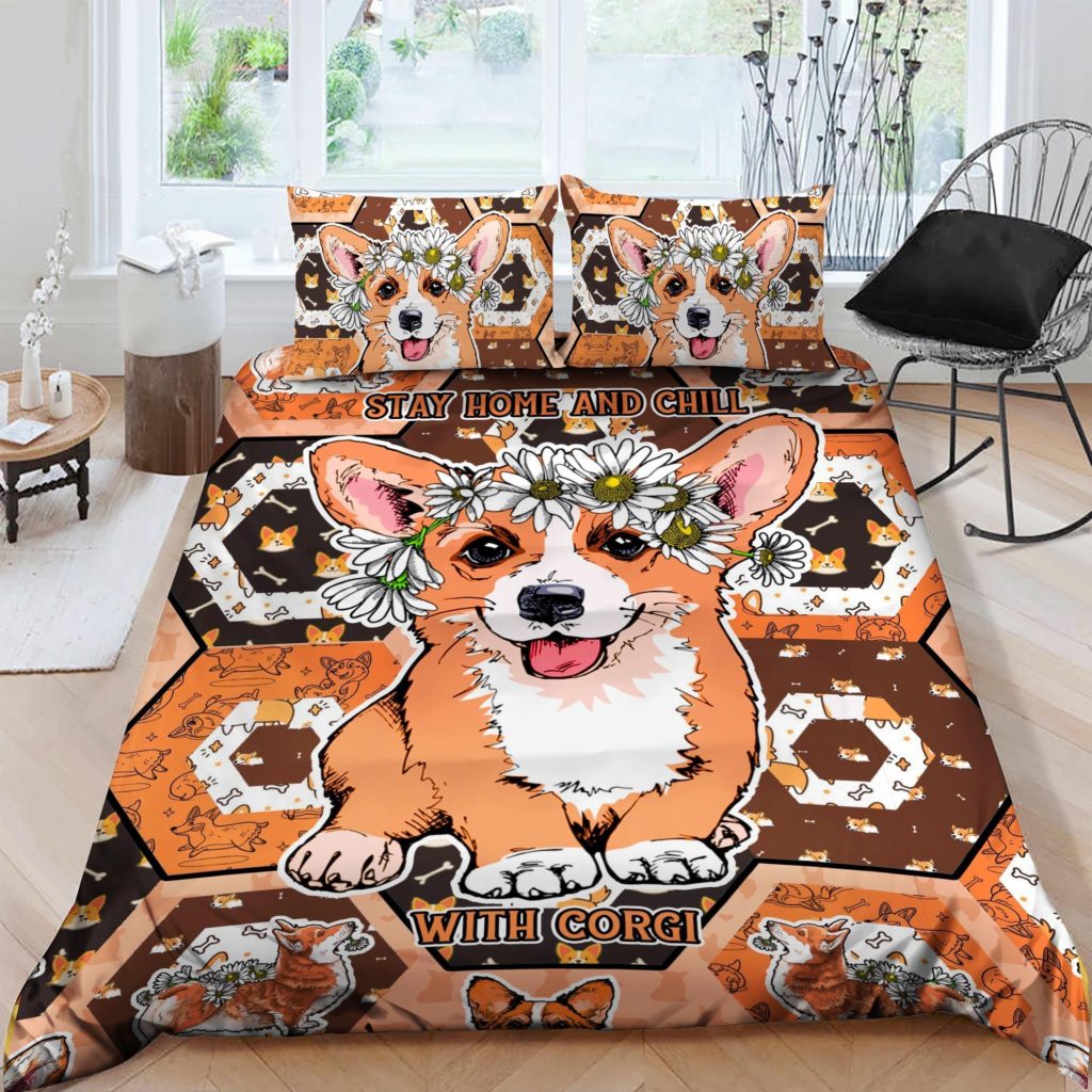 Stay Home And Chill With Corgi Cotton Bed Sheets Spread Comforter Duvet Cover Bedding Sets 4