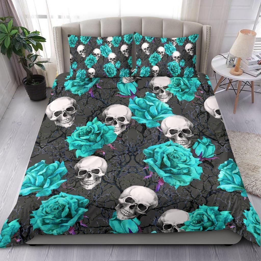 Turquoise Rose Skull Cotton Bed Sheets Spread Comforter Duvet Cover Bedding Sets Perfect Gifts For Sea Turtle Lover Thanksgiving 4