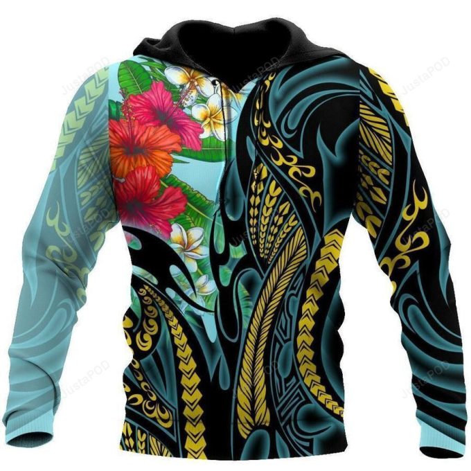 Polynesian Turquoise And Hisbiscus 3D All Over Printed Hoodie, Zip- Up Hoodie 1