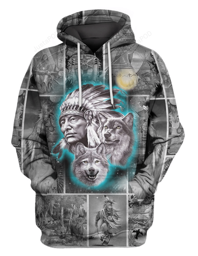Chief &Amp;Amp; Wolf Native American 3D All Over Printed Hoodie, Zip- Up Hoodie 1