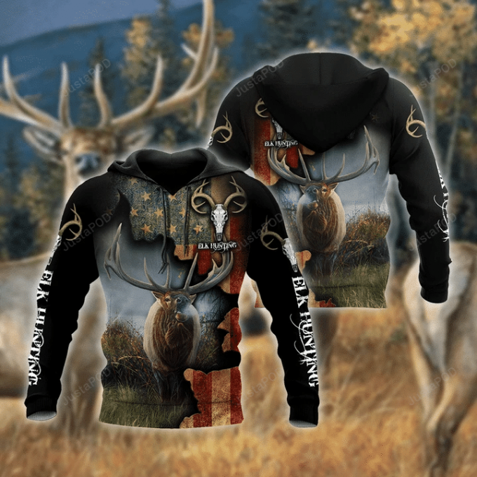 Elk Hunting American Flag Patriotic 3D All Over Print Hoodie, Zip-Up Hoodie 1