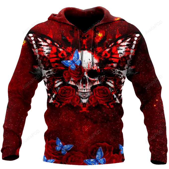 Butterfly Love Skull Red 3D All Over Printed Hoodie, Zip- Up Hoodie 1