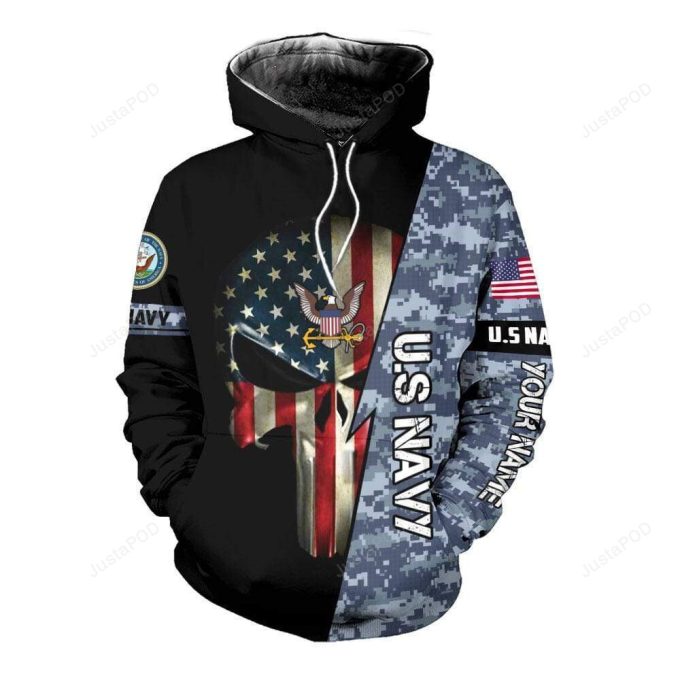 Personalized Us Navy Army American Flag Skull 3D All Print Hoodie, Zip- Up Hoodie 1
