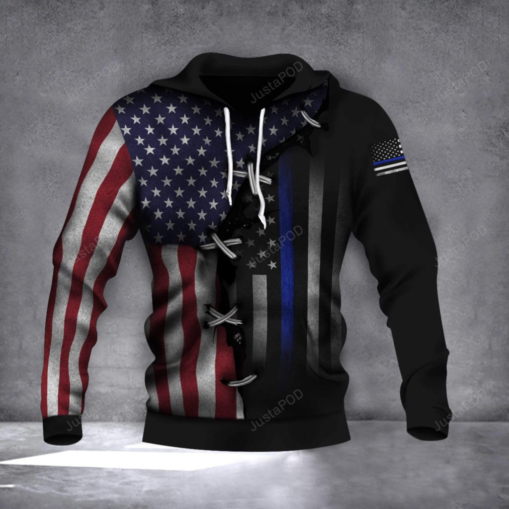 Thin Blue Line American Flag 3D All Print Hoodie, Zip- Up Hoodie 4