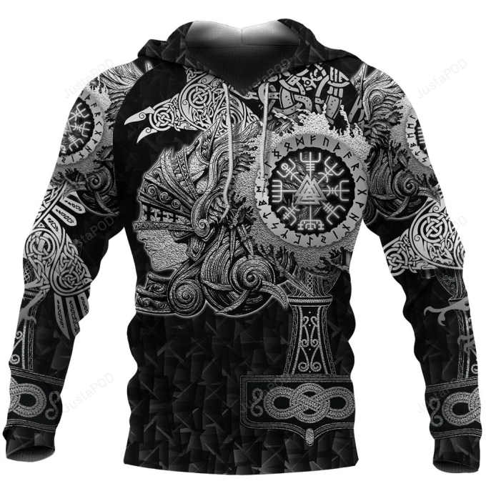 Viking Valknut Vegvisir With Mjolnir 3D All Over Printed Hoodie, Zip- Up Hoodie 1