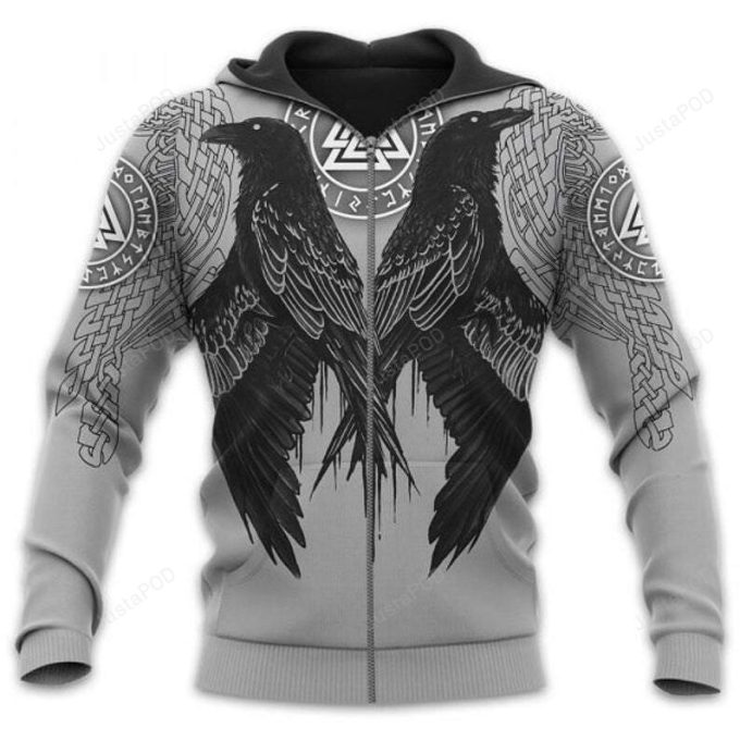 Tattoo Viking Rune Crow Raven Of Odin 3D All Print Hoodie, Zip- Up Hoodie 1