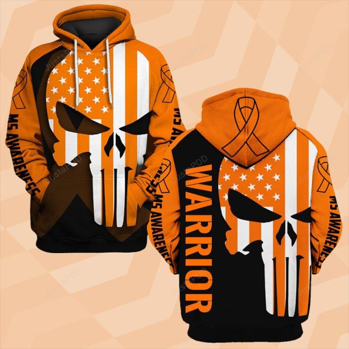 Ms Awareness Skull Orange Ribbon 3D All Print Hoodie, Zip- Up Hoodie