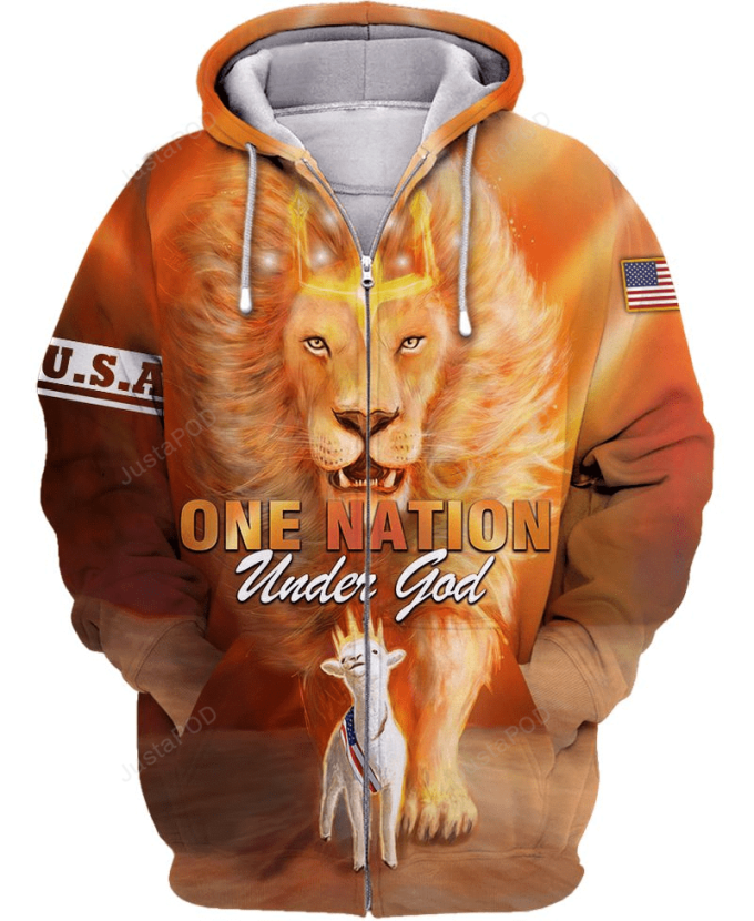 U.s.a One Nation Under God Lion With Lamb 3D All Print Hoodie, Zip- Up Hoodie 1
