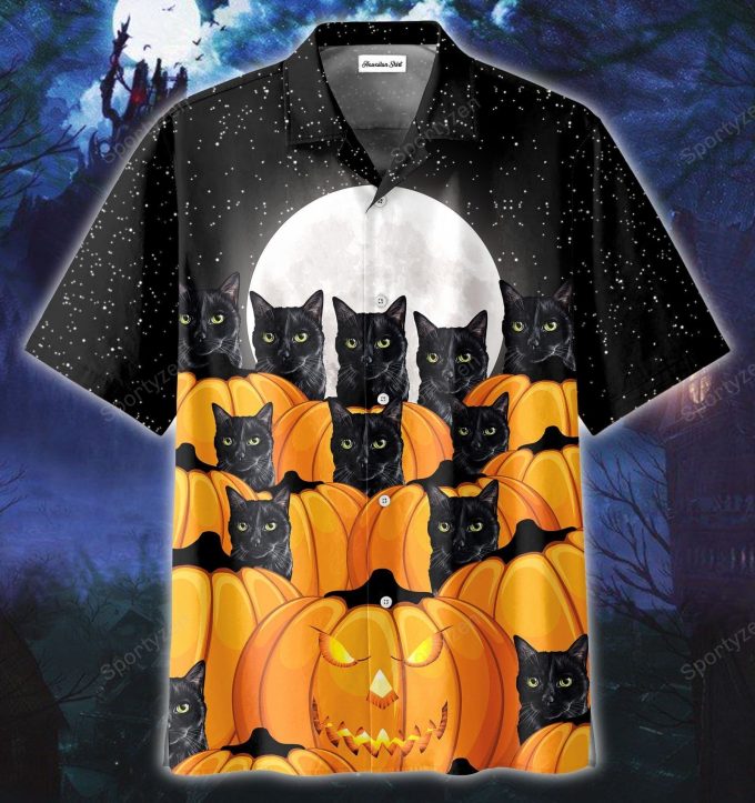 Funny Halloween Pumpkin Black Cat Hawaiian Aloha Shirts 1