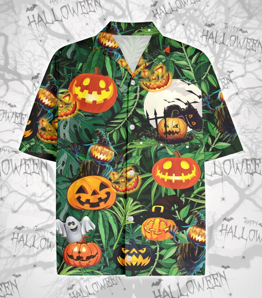 Amazing Pumpkin Halloween Green Leaf Tropical Hawaiian Aloha Shirts 4