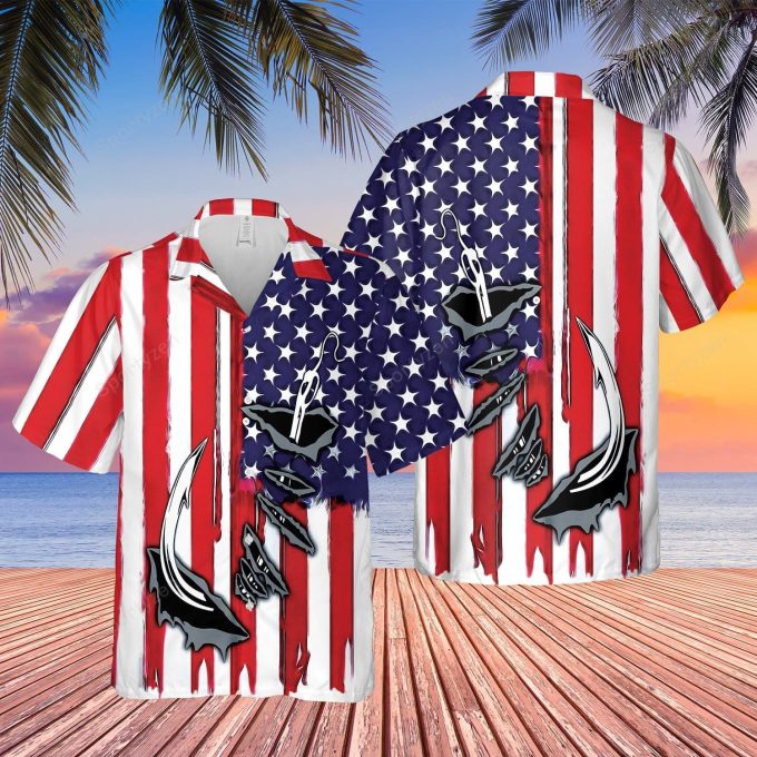 Fishing Hook American Flag Unisex Hawaiian Shirt #1621V 1