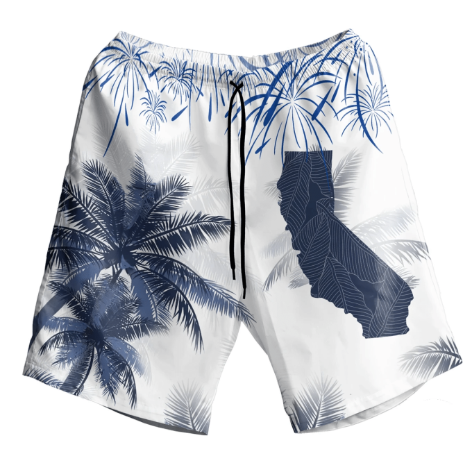 California Map Palm Tree Hawaiian Aloha Shirts - Unisex Beach Shorts #Dh 2