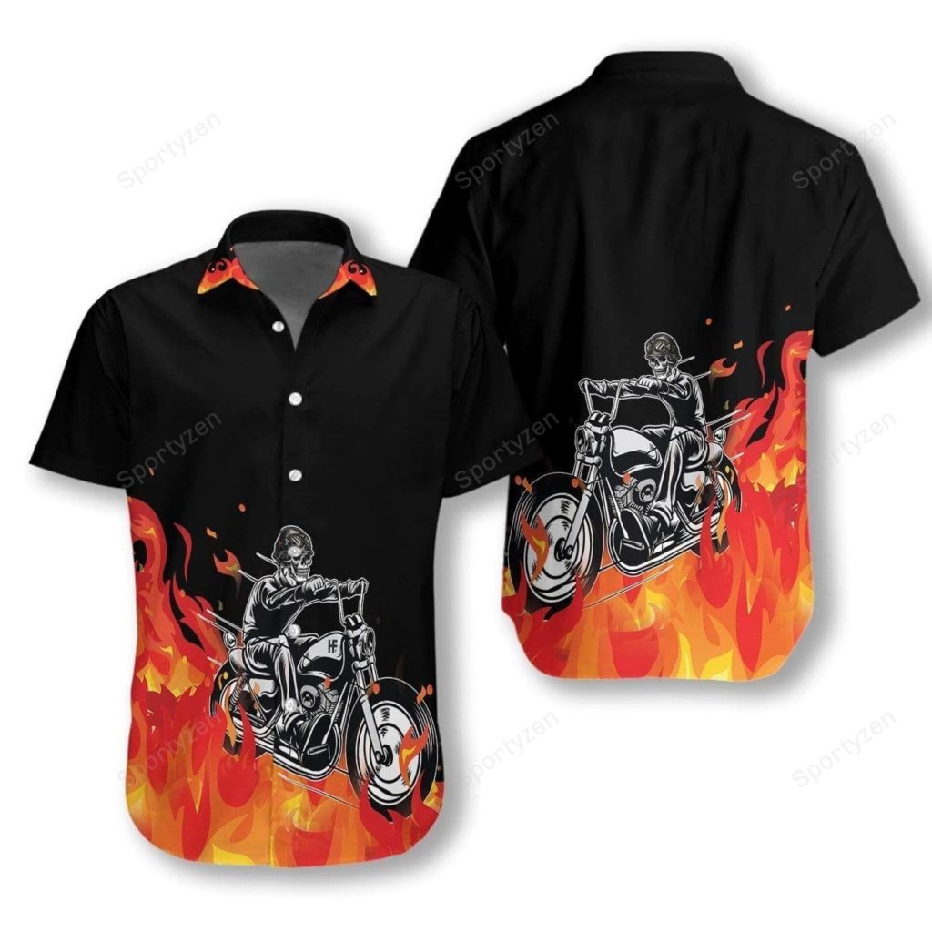 Motorbike Skull With Fire Hawaiian Aloha Shirts 4