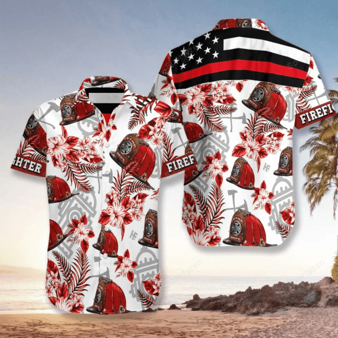 Firefighter Red Hat Red Line Unisex Hawaiian Aloha Shirts #Dh 1