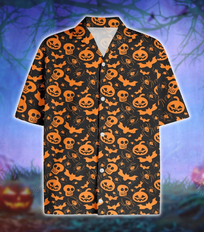 Halloween Orange Skull Bat Pumkin Spider Hawaiian Aloha Shirts 1