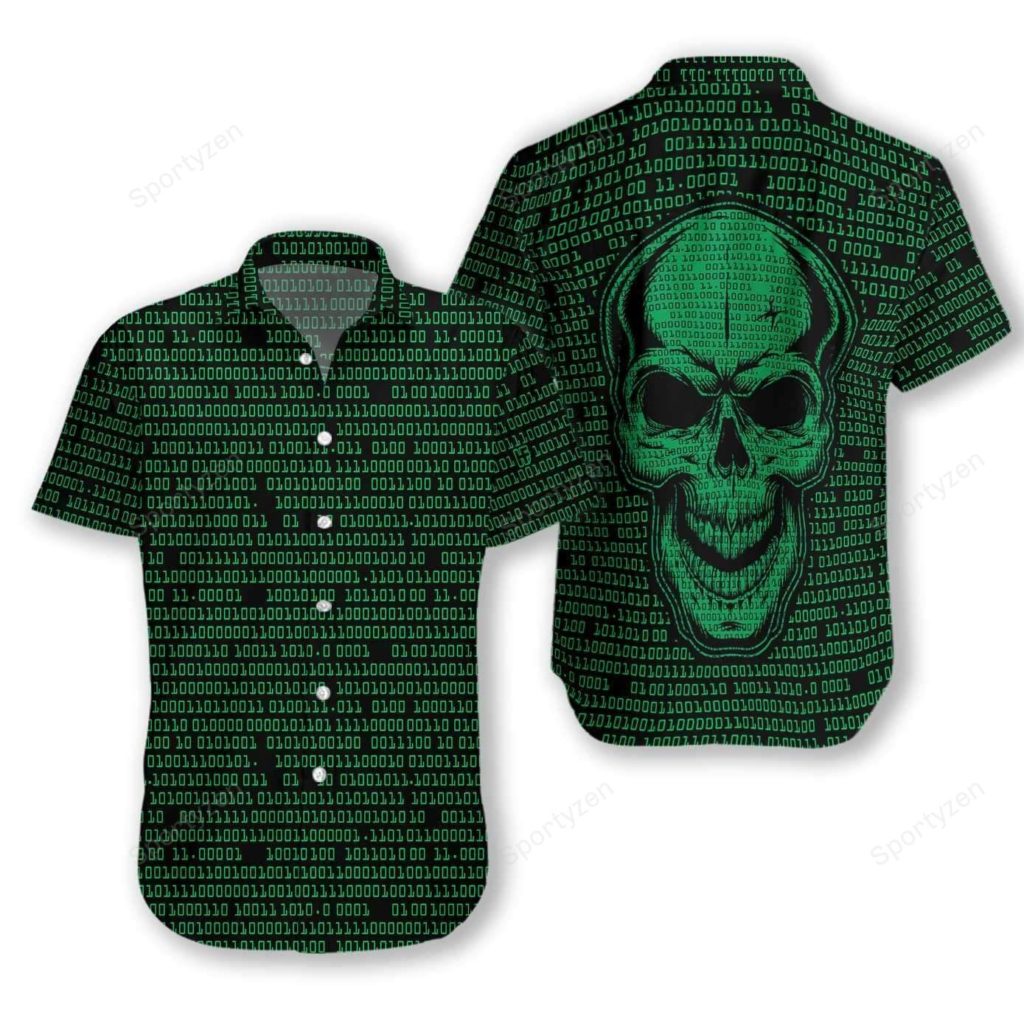 Binary Code Skull Dark Green Hawaiian Aloha Shirts 4