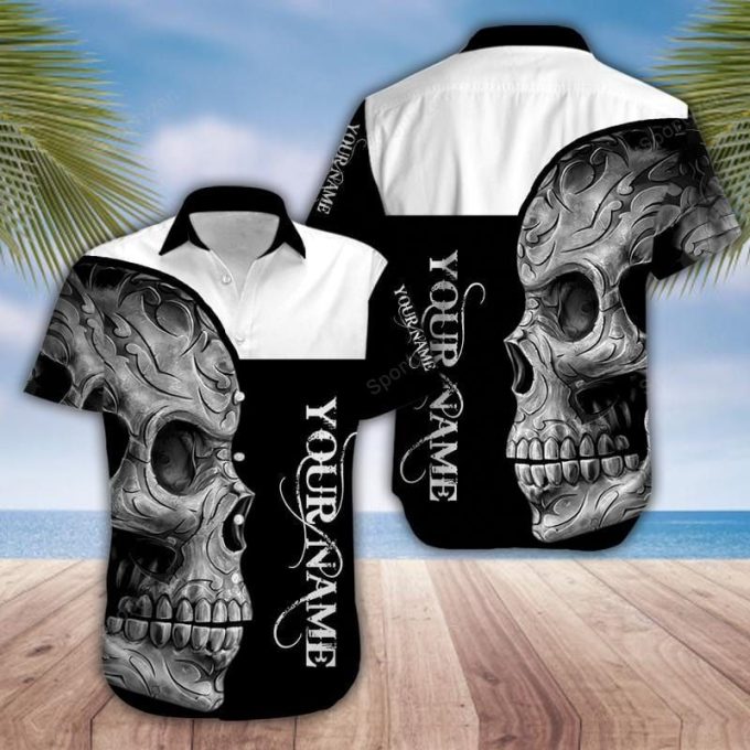 Custom Name Black And White Skull Unisex Hawaiian Aloha Shirts #160321H 1