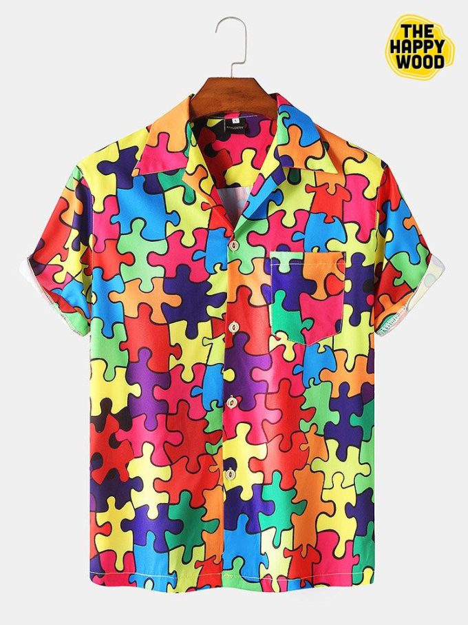 Multi Color Jigsaw Print Hawaiian Shirt Ver 220 1