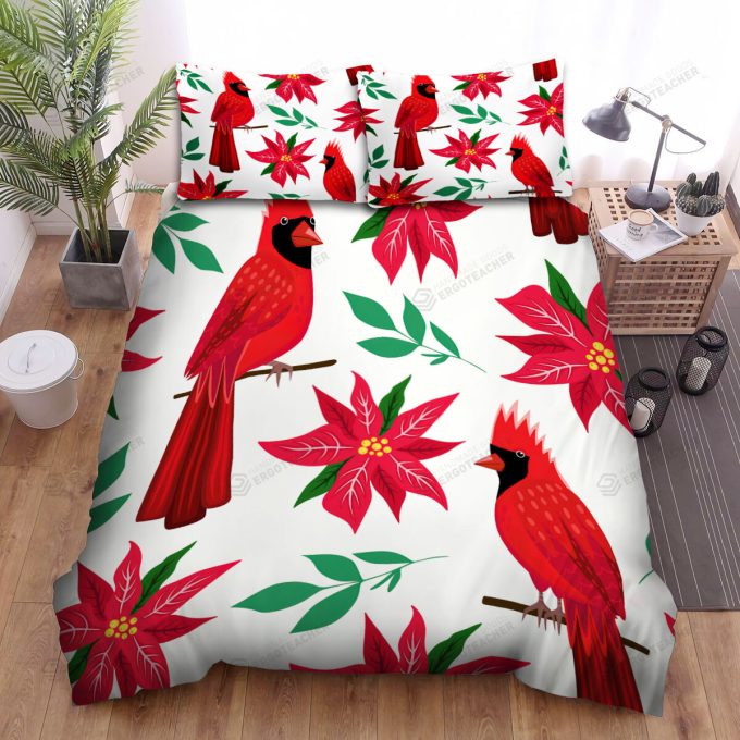 The Wildlife - The Red Cardinal And Red Flowers Bed Sheets Spread Duvet Cover Bedding Sets 2