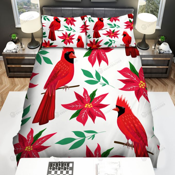 The Wildlife - The Red Cardinal And Red Flowers Bed Sheets Spread Duvet Cover Bedding Sets 3