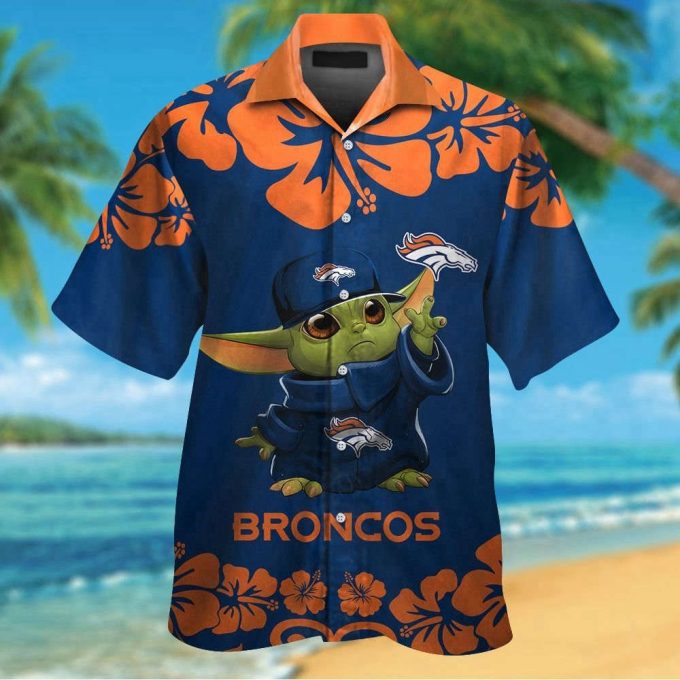 Denver Broncos Baby Yoda Short Sleeve Button Up Tropical Aloha Hawaiian Shirt Set For Men Women Kids 2