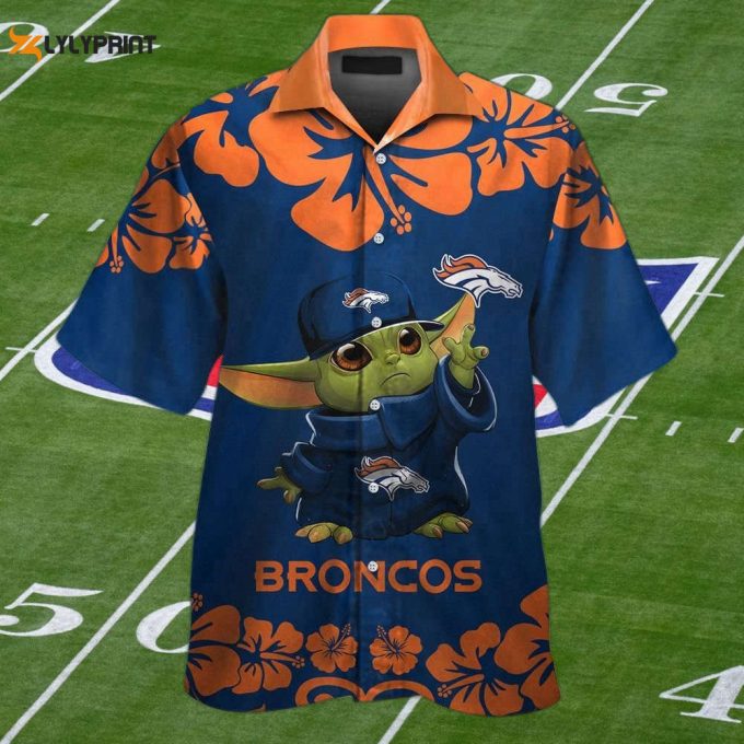 Denver Broncos Baby Yoda Short Sleeve Button Up Tropical Aloha Hawaiian Shirt Set For Men Women Kids 1