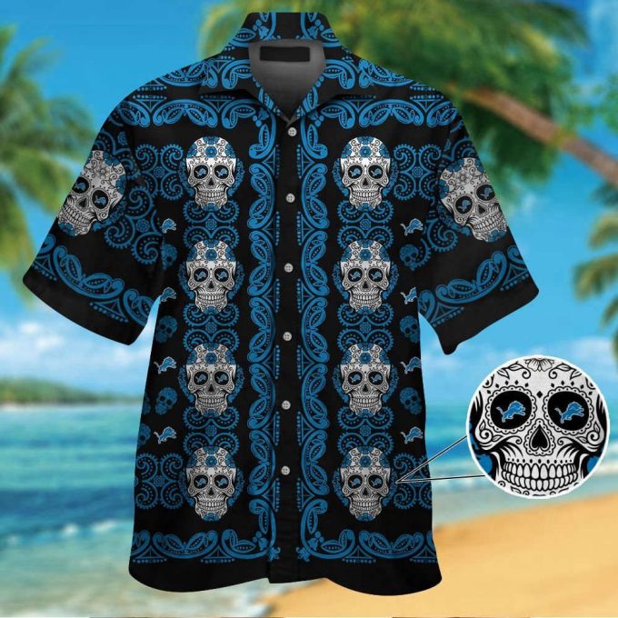 Detroit Lions Skull Hawaiian Shirt Set For Men &Amp; Women - Short Sleeve Button Up Aloha Tropical Design 2