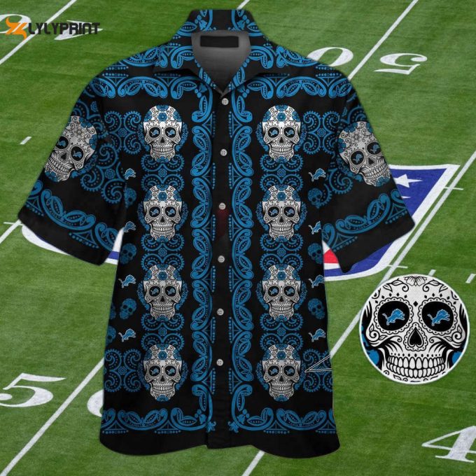 Detroit Lions Skull Hawaiian Shirt Set For Men &Amp;Amp; Women - Short Sleeve Button Up Aloha Tropical Design 1