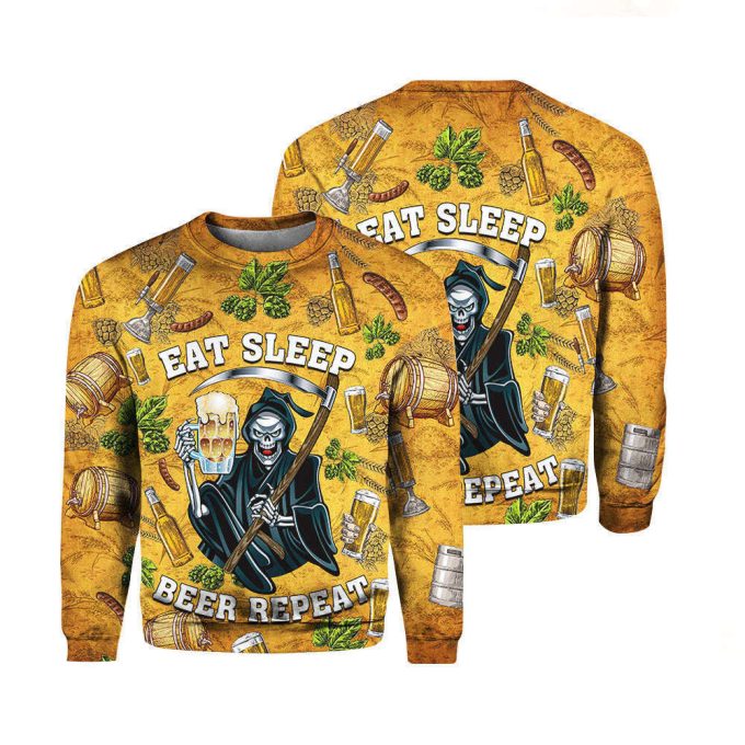 Skeleton Eat Sleep Beer Repeat Crewneck Sweatshirt For Men &Amp; Women Th1354 2