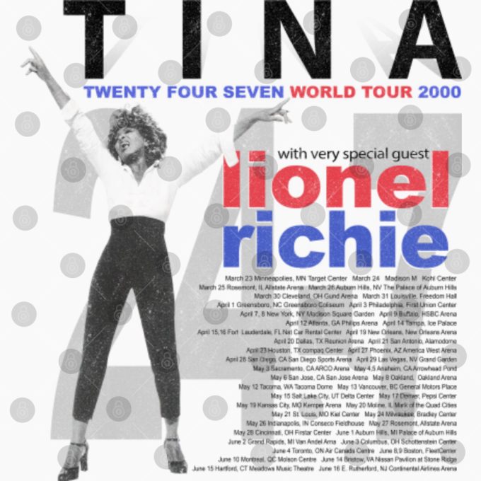 Tina Turner 2000 Twenty Four Seven World Tour With Lionel Richie White Concert T Shirt 6