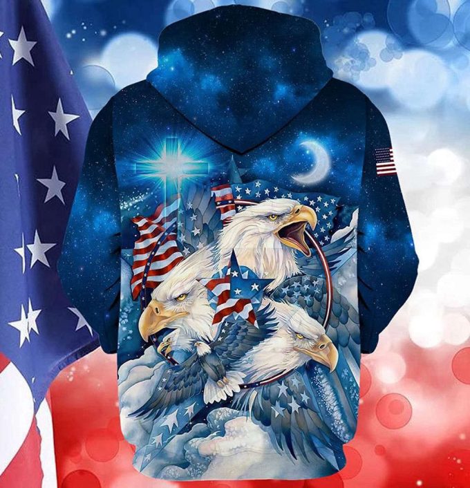 American Flag With Bald Eagle And Cross In Galaxy 3D Hoodie 2