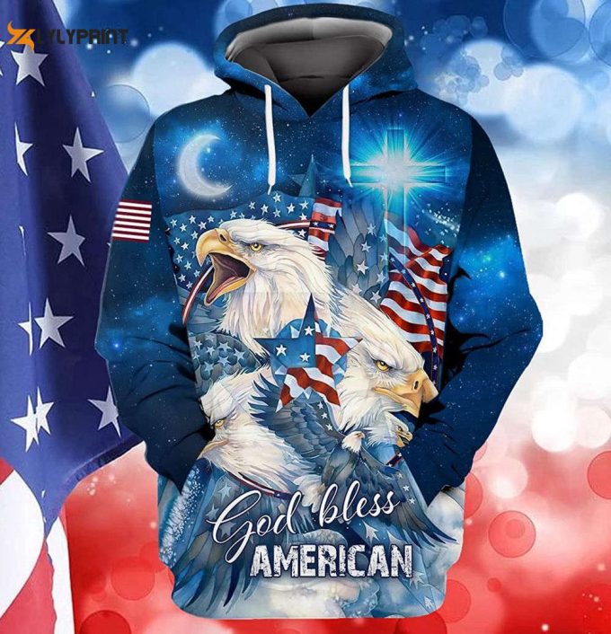 American Flag With Bald Eagle And Cross In Galaxy 3D Hoodie 1