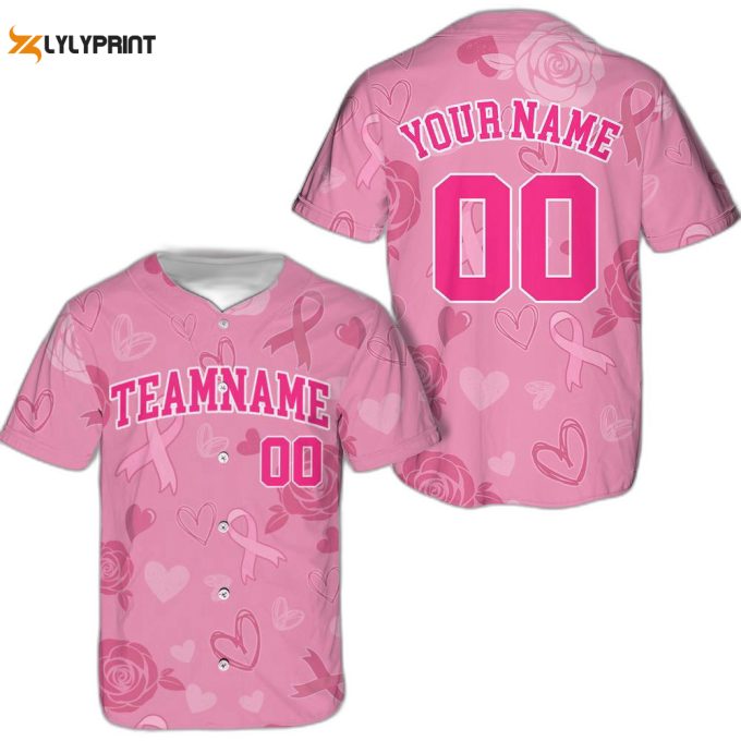 Custom Team Name And Number Baseball Jersey For Men Women, Personalized Breast Cancer Awareness 1