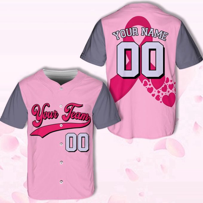 Custom Team Name And Number Baseball Jersey For Men Women, Personalized Breast Cancer Pink Ribbon