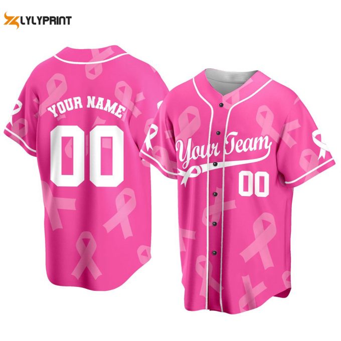 Custom Team Name And Number Baseball Jersey, Personalized Breast Cancer Awareness 1