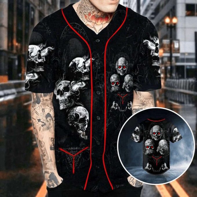 Hear See Speak No Evil Skull Baseball Jersey For Men Women 2