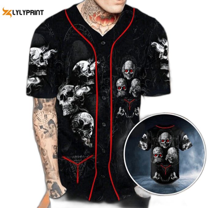 Hear See Speak No Evil Skull Baseball Jersey For Men Women 1