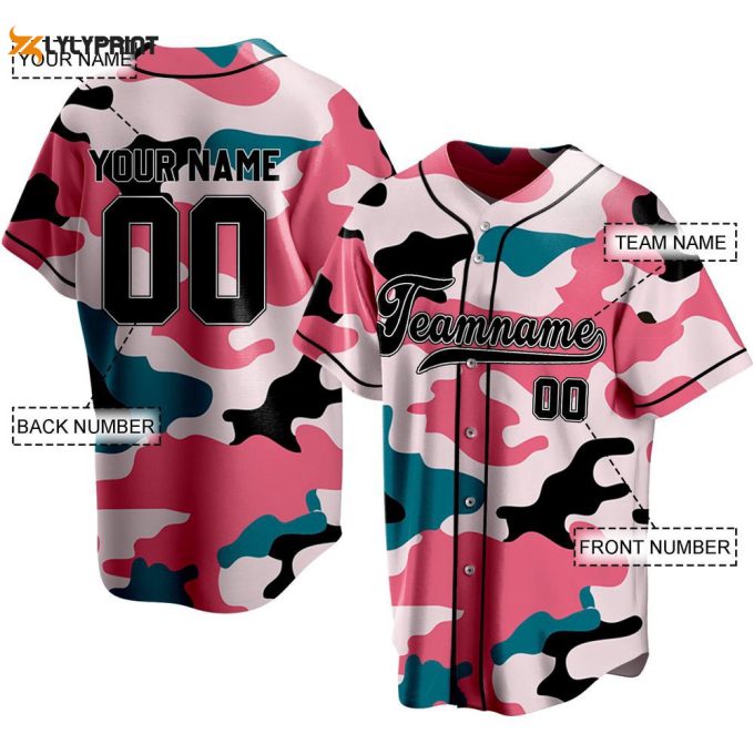 Peacock Blue Pink Camouflage Baseball Jersey 1