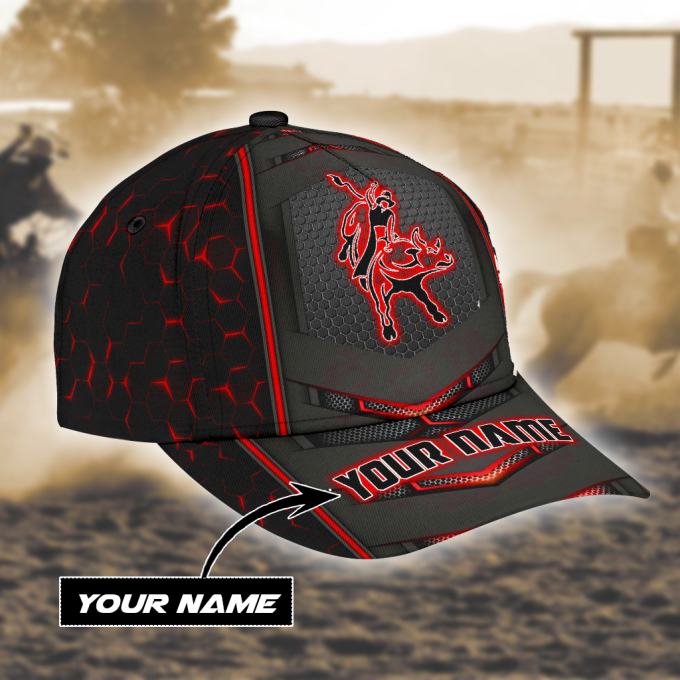 Personalized Name Bull Riding Classic Cap Red Neon 3
